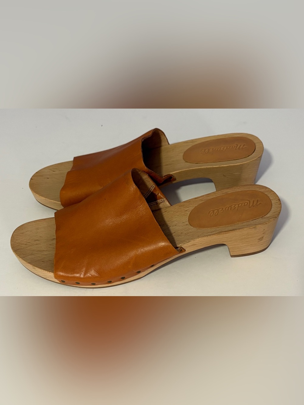Madewell Tan Leather Wooden Clog Sandals Size 9